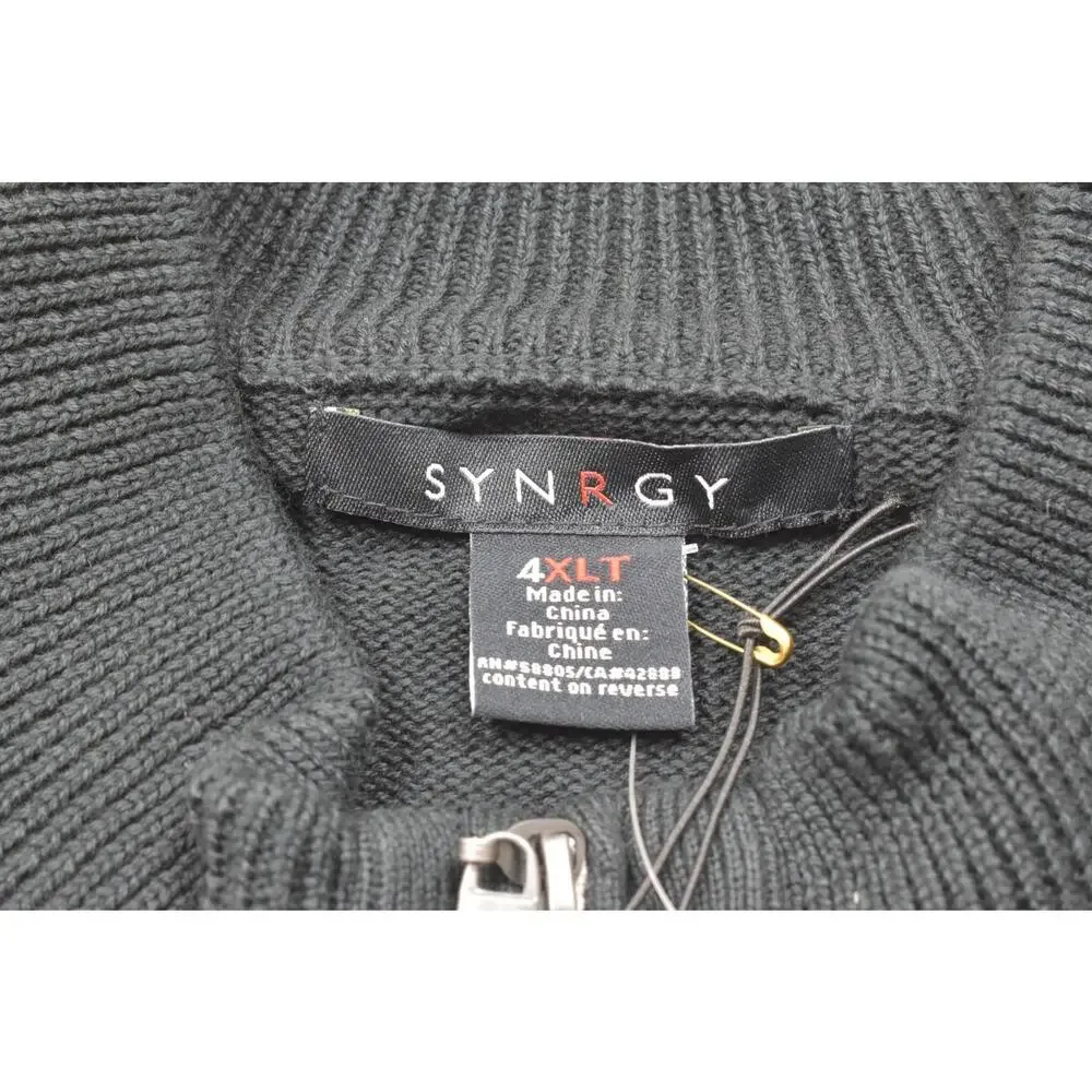 SYNRGY Men 4XLT Black Full Zip Mock Neck Sweater 100% Cotton Military Style NEW